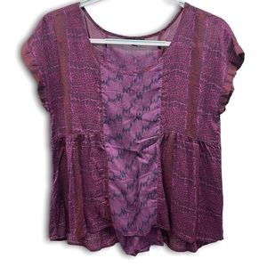 American Eagle Plum Purple Printed Pattern Peasant Short Sleeve Top Ruching M